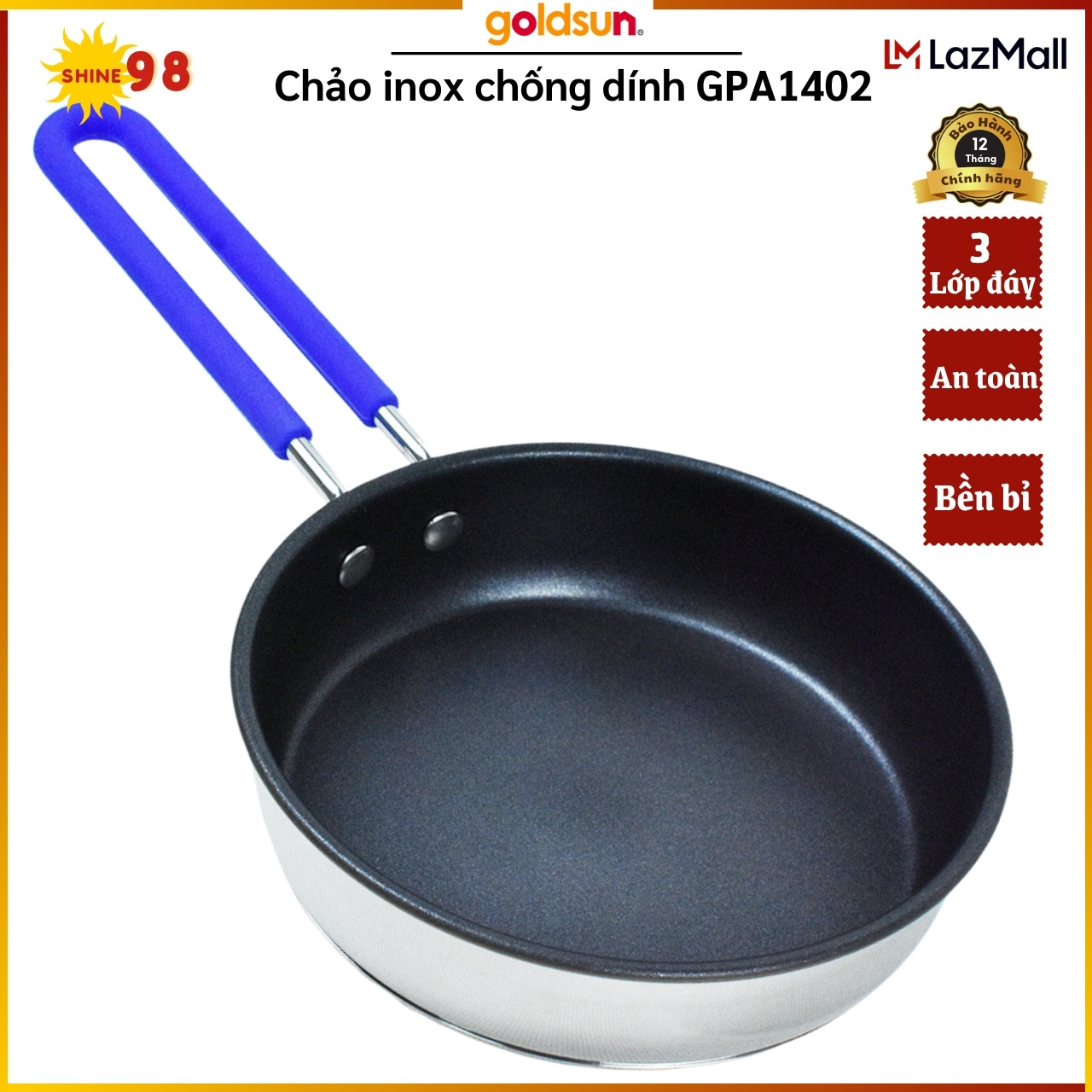 Chảo inox chống dính Goldsun GPA1402 với 3 lớp đáy từ dùng cho mọi loại bếp - Chảo chống dính an toà