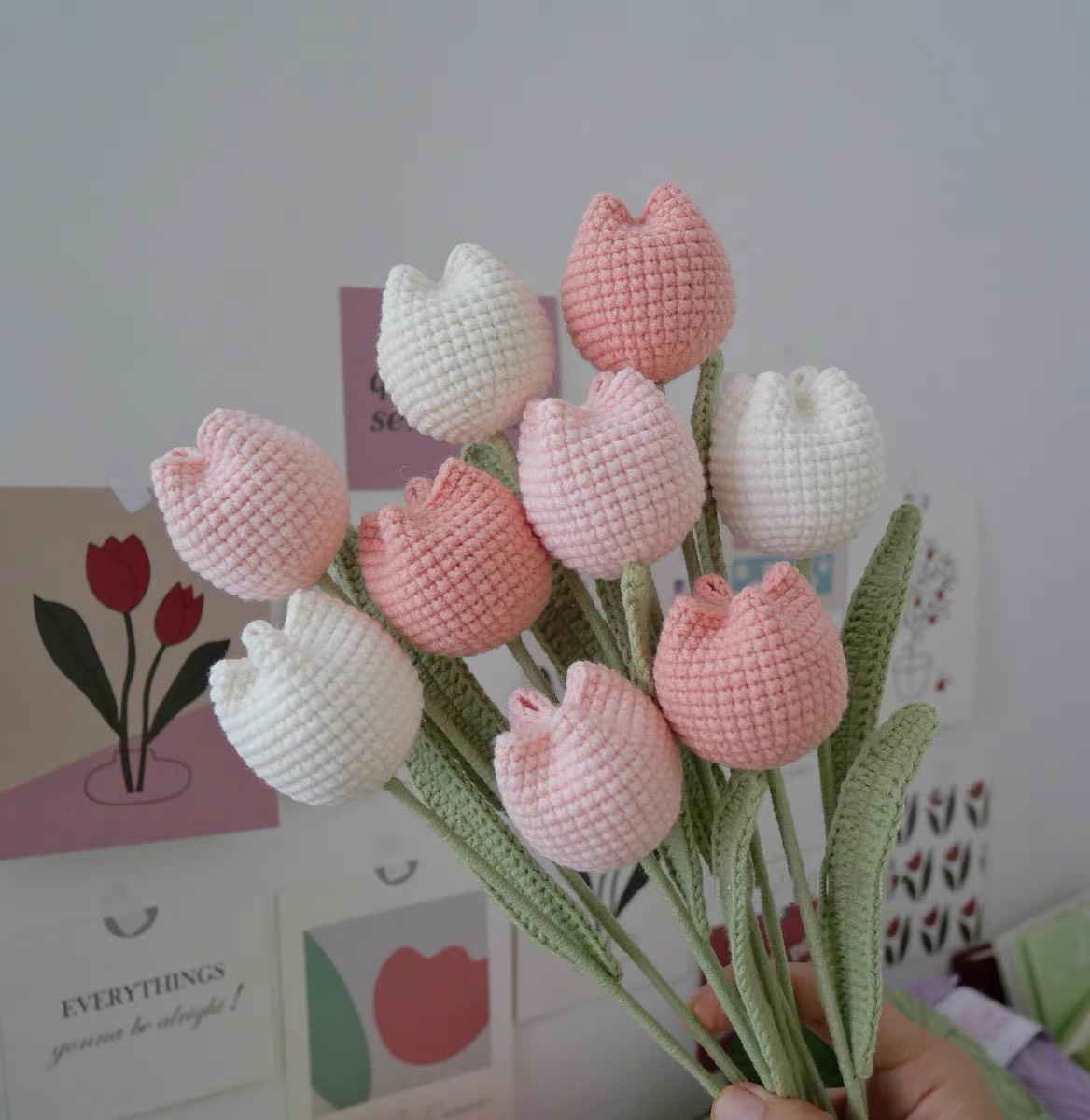 Hoa len handmade set 9 bông hoa không tàn bó hoa tulip làm bằng len mix nhiều màu bó hoa tặng sinh n