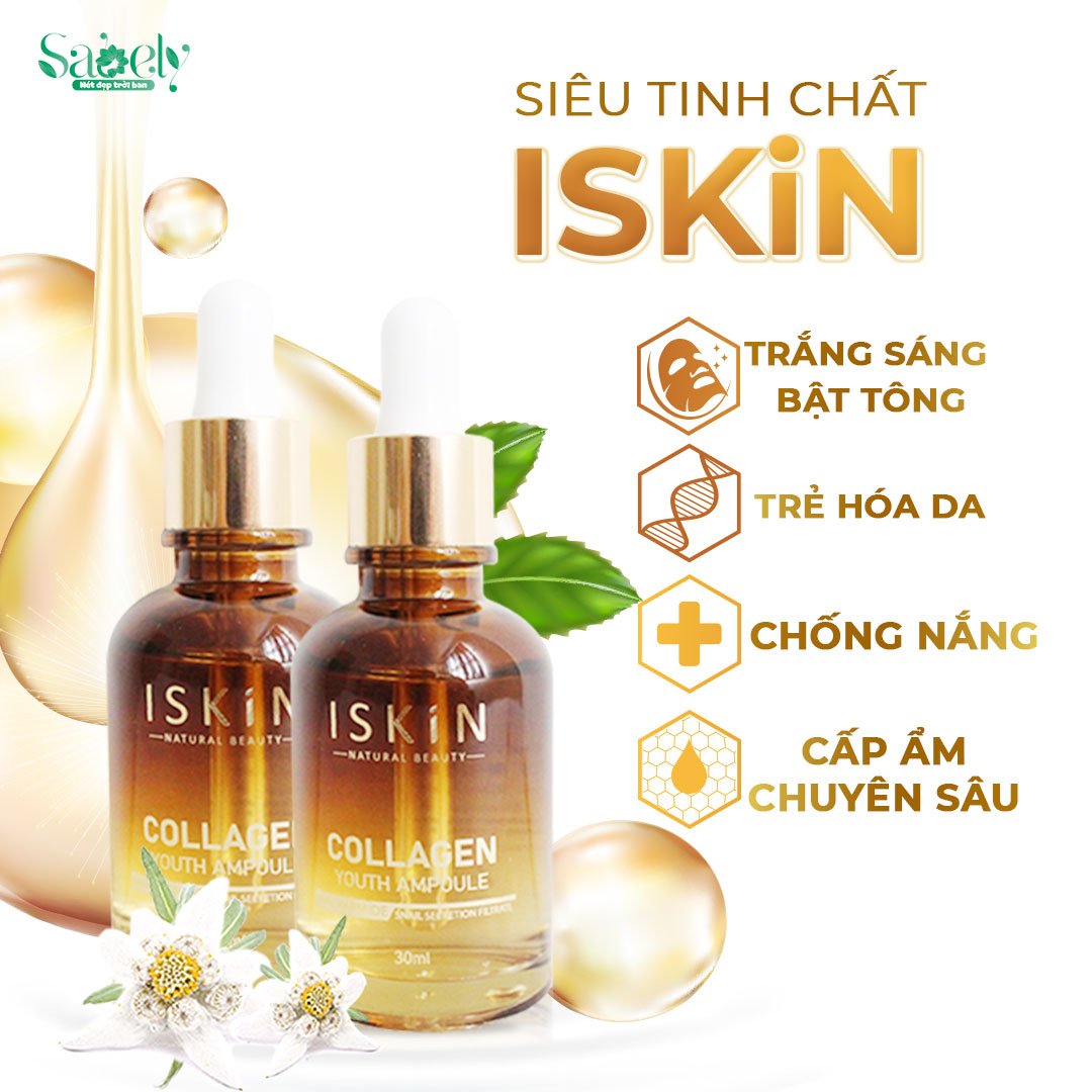 Combo 2 Hộp Serum Dưỡng Trắng Cấp Ẩm Và Trẻ Hóa Da Iskin - Collagen Youth Ampoule Korea 30Ml - Tặng Kem Dưỡng Da Mắt