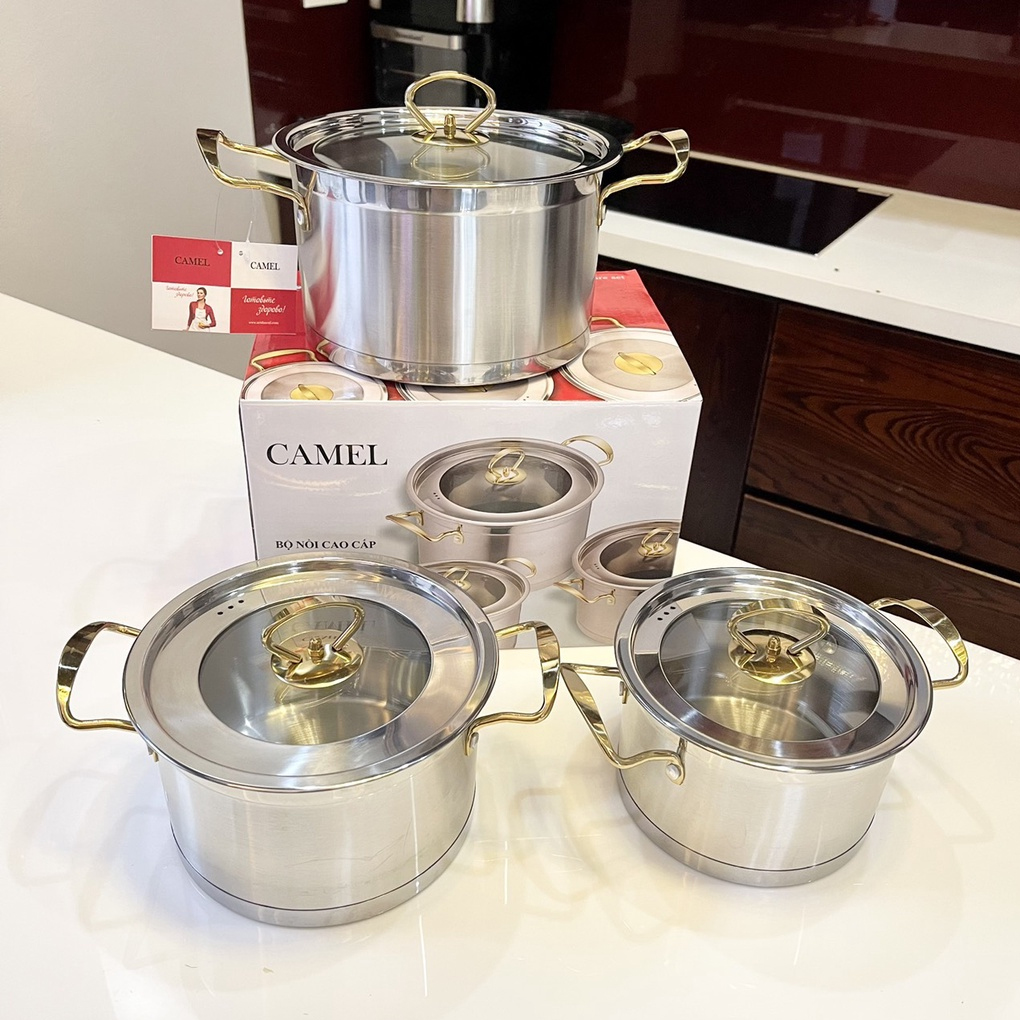 Bộ nồi 3 món inox 304 CAMEL đáy 3 lớp Chống Dính Tay Cầm Cách Nhiệt - Bộ Nồi Inox Cao Cấp Nồi Inox 3