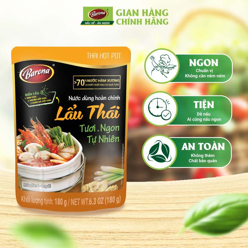 Combo 1 hộp (10 gói) Nước Dùng Lẩu Thái Barona 180g tươi ngon chuẩn vị không cần nêm nếm