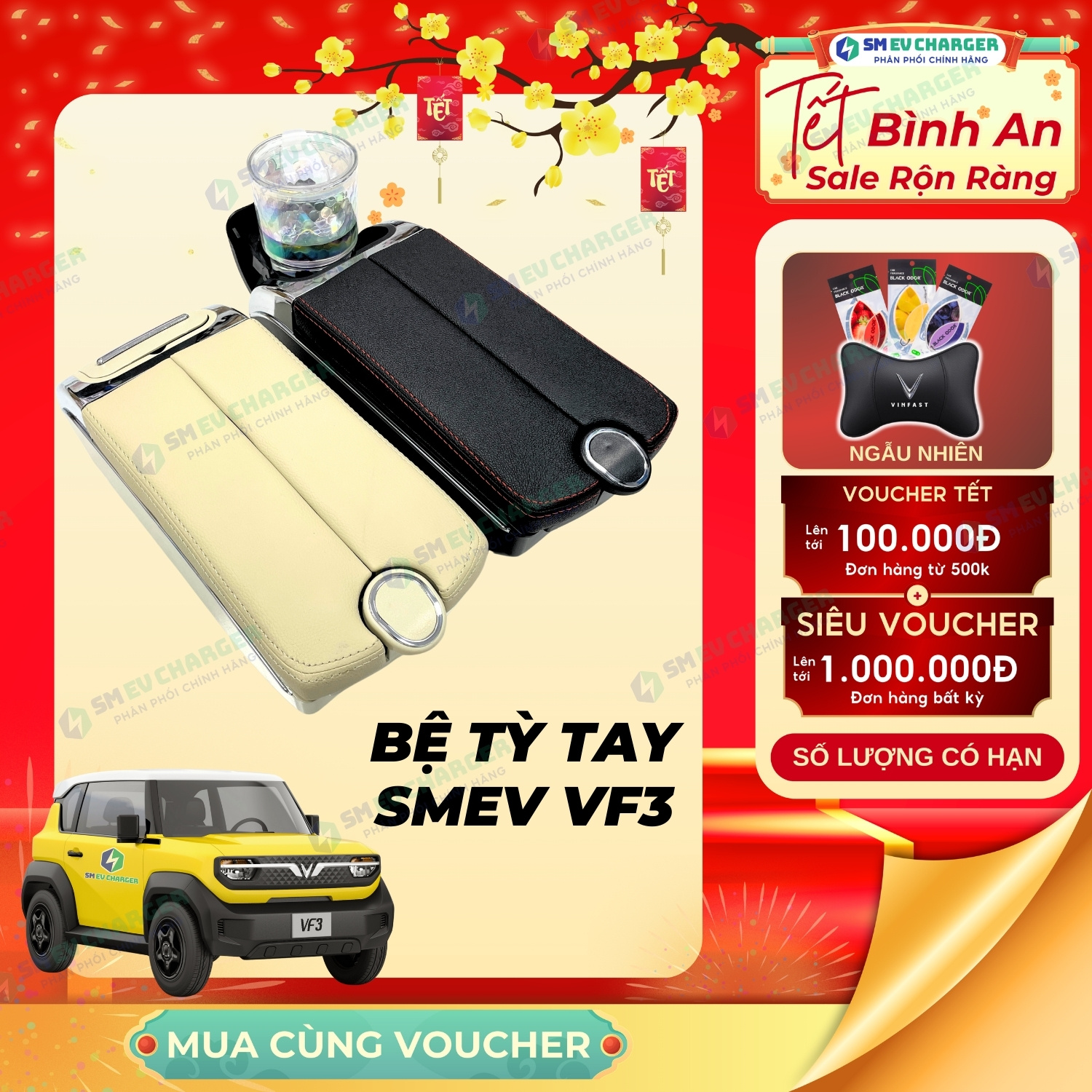 Bệ tỳ tay VF3 như zin lắp vừa khớp Bệ tỳ tay SMEV dành cho Vinfast VF3 màu đen và màu be