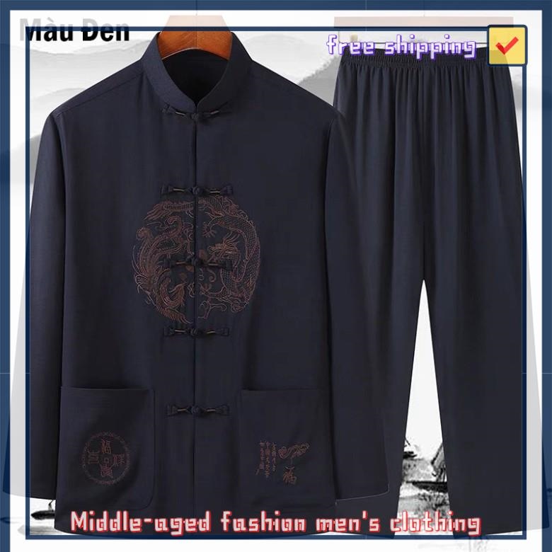[FREE SHIP] Mẫu Bộ Đũi Nam Trung Niên Chuẩn Đũi Thái Mát Lạnh Thêu Họa Tiết Rồng Đủ Size Từ 45-85kg