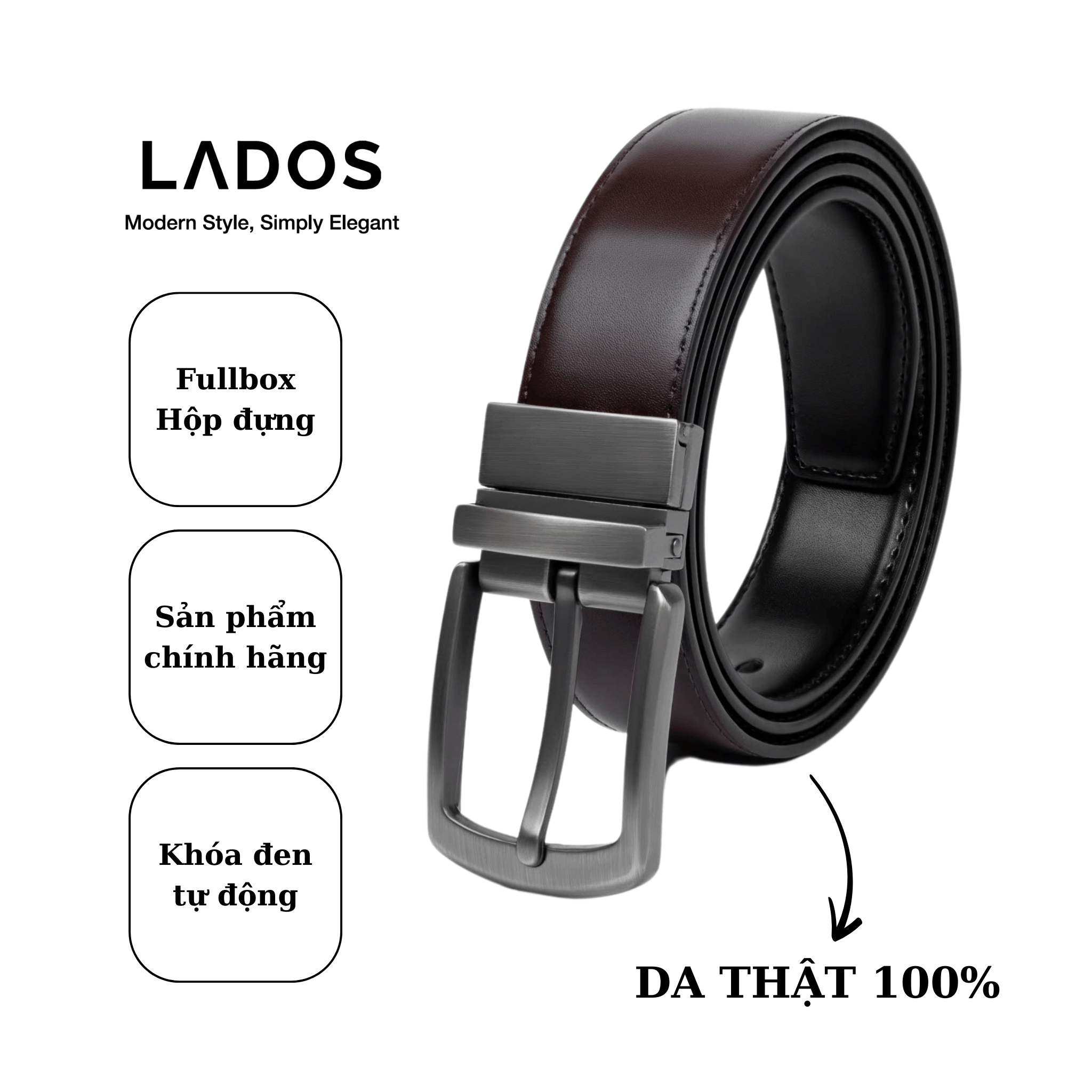 Thắt lưng nam cao cấp da bò thật 100% LADOS-3101 dây nịt khóa kim xoay 360 độ sang trọg lịch sự full