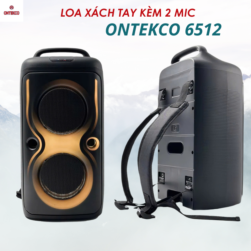 Loa xách tay ONTEKCO 6512 loa bluetooth karaoke Bass 15x2 công suất lớn thiết kế dây quai đeo tiện lợi