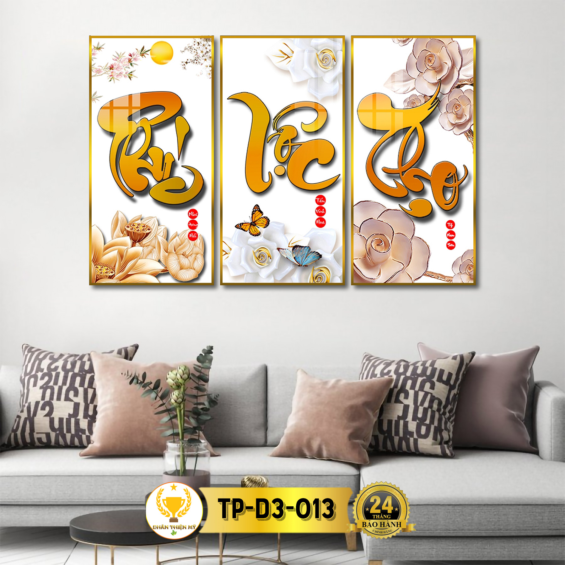 Tranh Treo Tường Decor Bộ 3 Phúc Lộc Thọ Tráng Gương CHÂN THIỆN MỸ Quà Tặng Trang Trí Phòng Khách CT