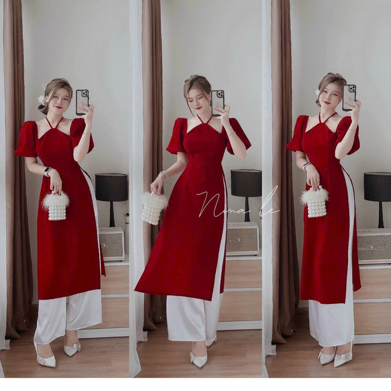 Áo dài cách tân màu đỏ đô cổ yếm tay phồng kèm quần lụa áo dài cách tân bê tráp màu đỏ đô