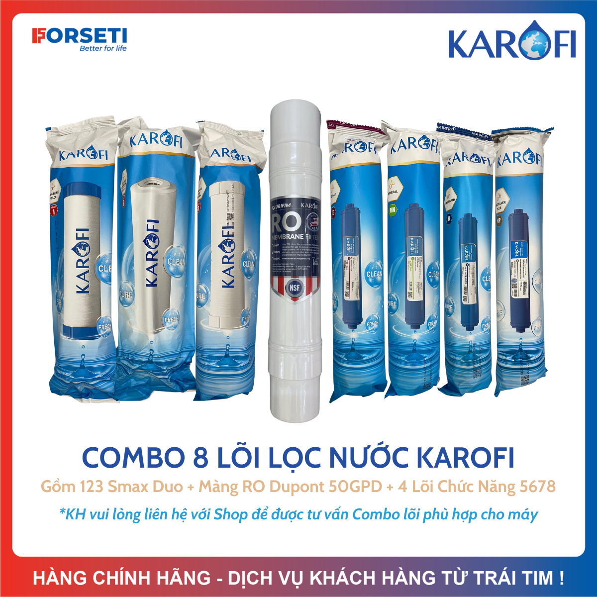Combo 8 lõi lọc nước Karofi Gồm 123 Smax Duo Màng RO100GPD Mỹ Lõi Chức Năng T33 Min Far Nano chính h
