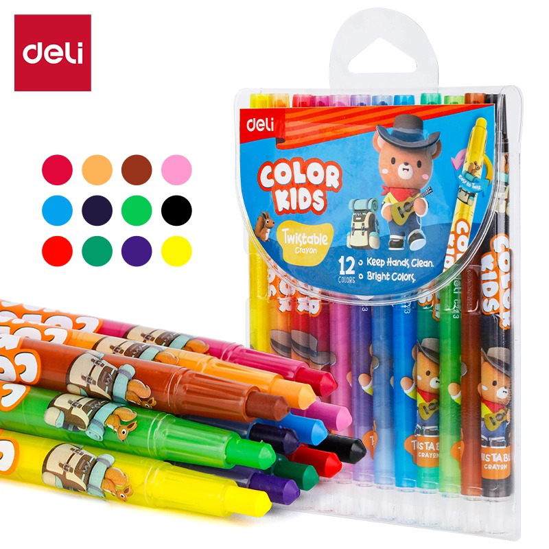 Bút sáp vặn dài Deli 12 / 24 màu hình gấu con vỉ nhựa C223-12 / 24