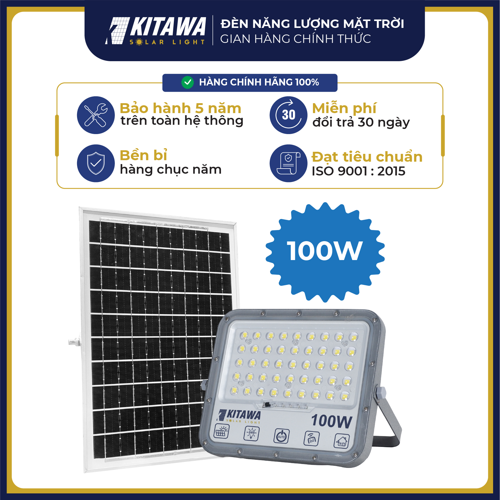 [VOUCHER 10%] Đèn Pha Năng Lượng Mặt Trời 100W Mắt Ngọc Chống Nước IP67 KITAWA - DP15.100 - Sản Phẩm Chính Hãng