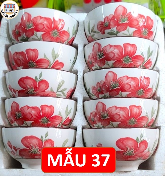 Bộ 10 Chén gốm sứ ăn cơm hoa văn 4D viền miệng chén ( không hộp Mousse)