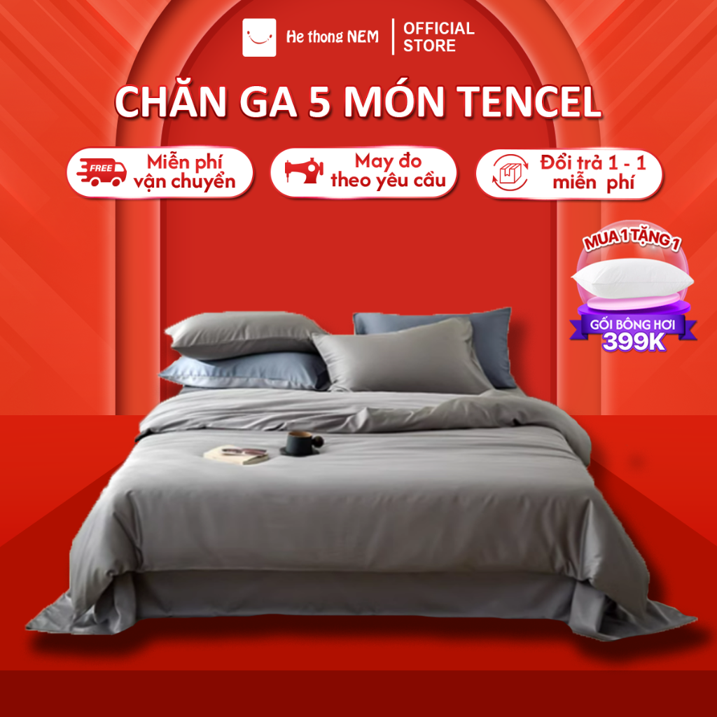 Bộ drap giường tencel 60S Hệ Thống Nệm cao cấp set bộ vỏ chăn ga ra drap tencel trải phủ giường gối 