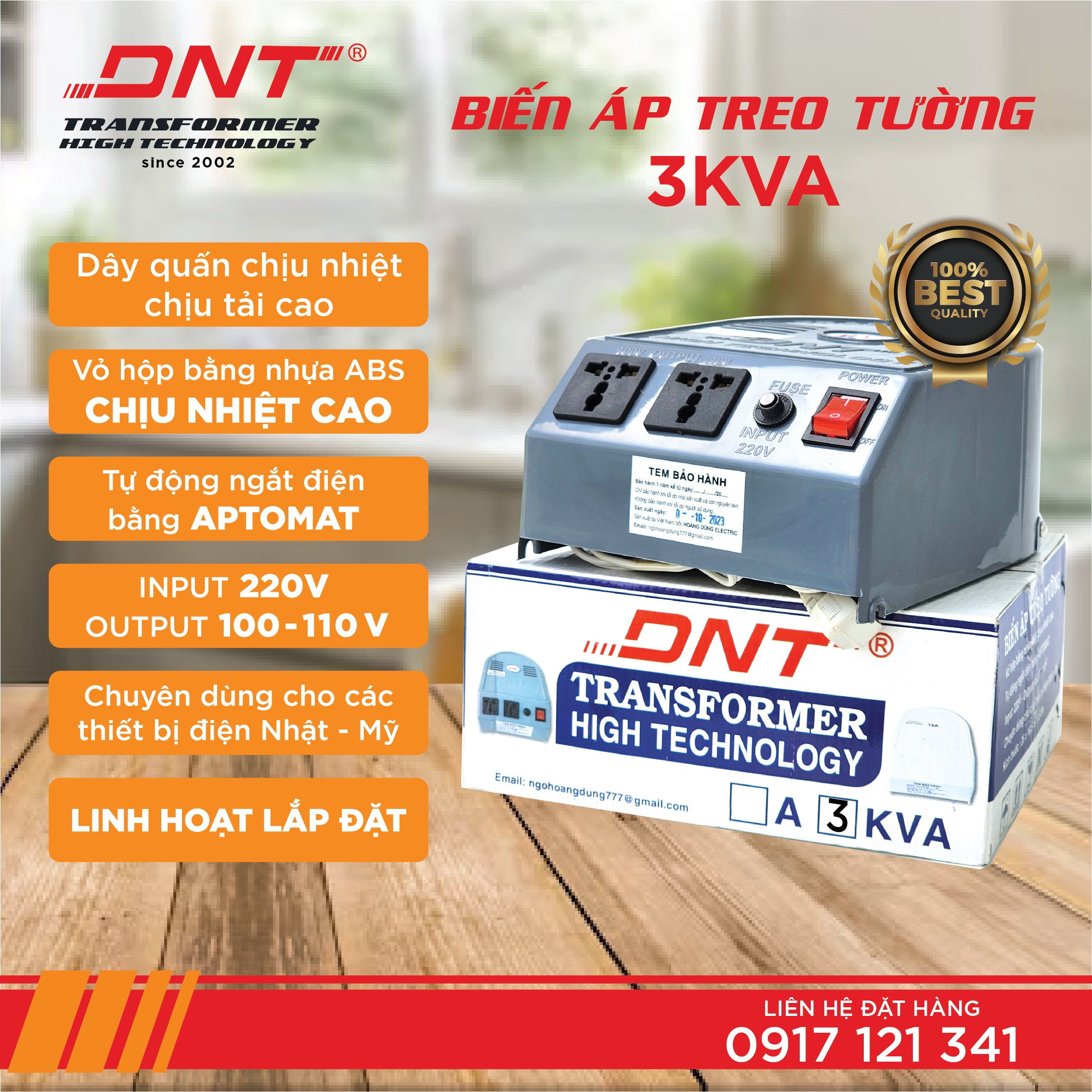 Biến áp DNT 3KVA TRTEO TƯỜNG - 220v ra 110v 100v