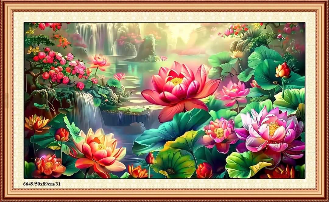 PHÔI Tranh thêu chữ thập phong cảnh hoa mẫu đơn 6649 50*89cm - thêu kín