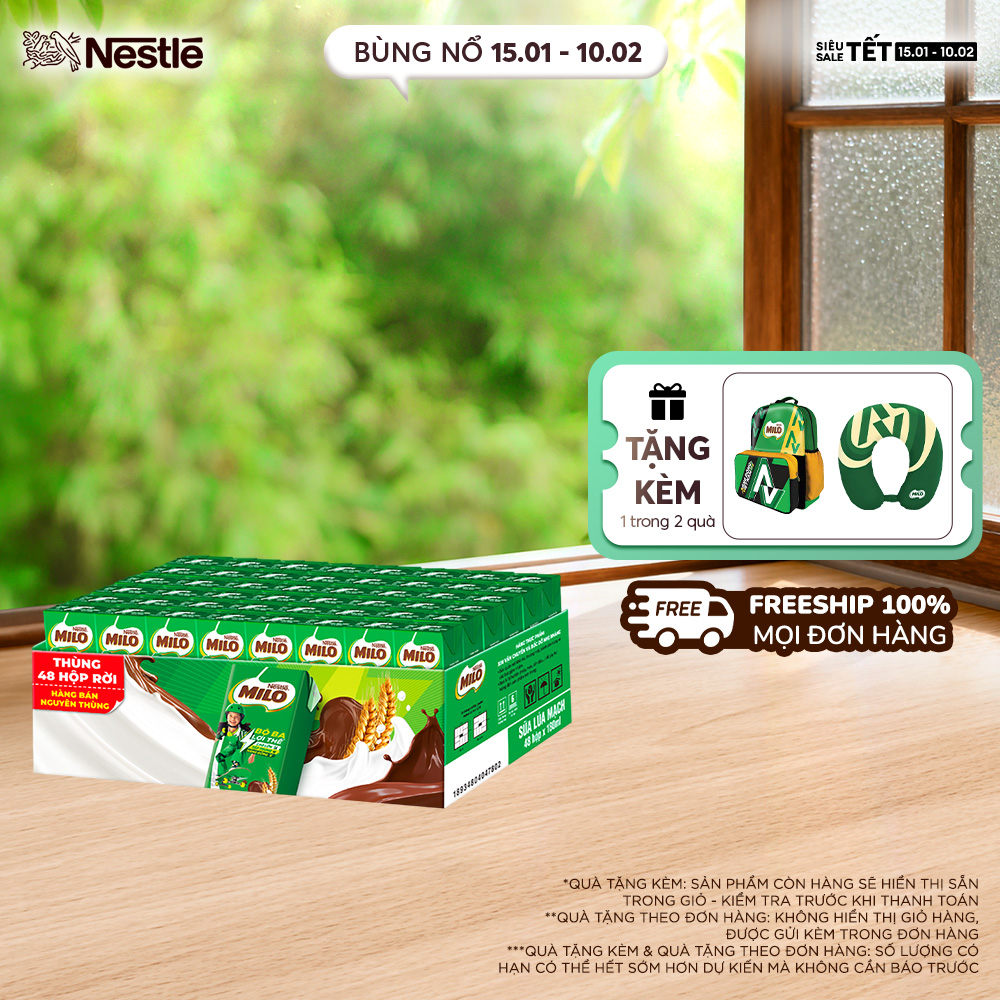 [ƯU ĐÃI THÁNG 2] FREESHIP TOÀN QUỐC] Thùng 48 Hộp Sữa lúa mạch không màng co Nestlé® MILO® 180ml