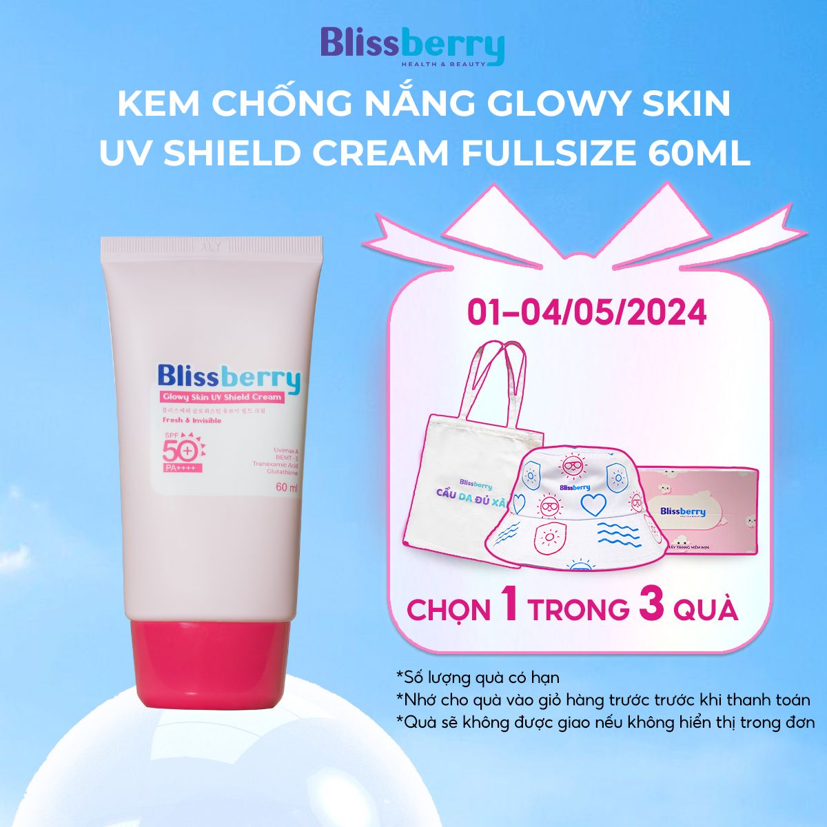 Kem chống nắng Blissberry Glowy Skin UV Shield Cream 60ml