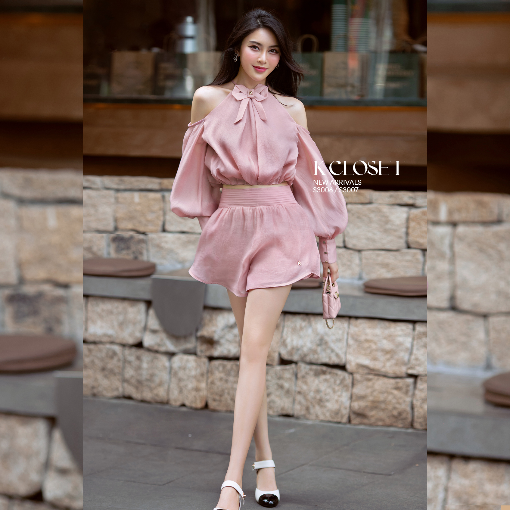 Set áo khoét vai cổ nơ - quần short lưng cạp cao xếp ly K Closet S3006S3007