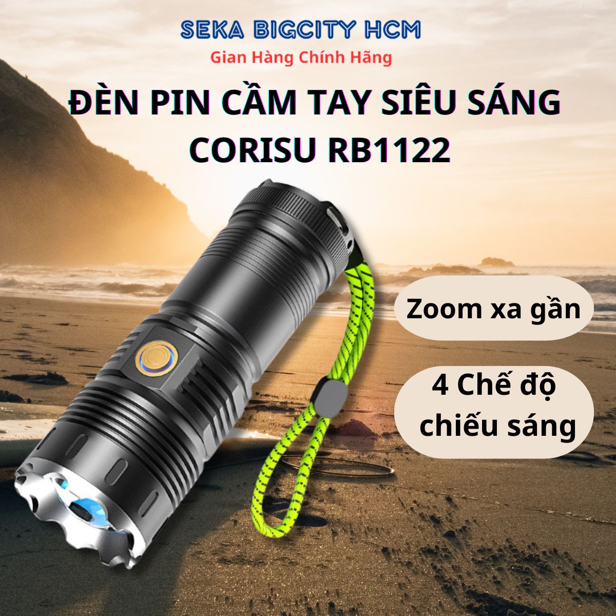 Đèn pin siêu sáng CORISU RB1122 cầm tay chiếu xa 500m có zoom xa gần chống nước sạc ngược cho điện t