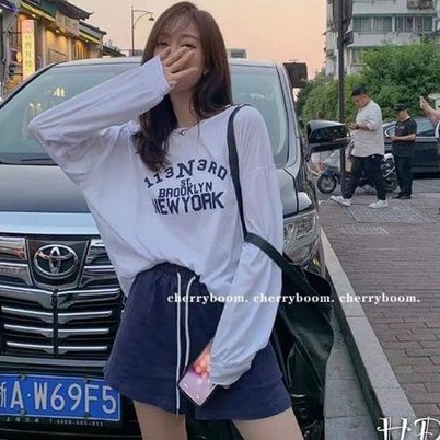 Set bộ ZARA xuất xịn New York áo thun cotton giấy trắng tay dài quần short lưng thun dây rút xanh đậ