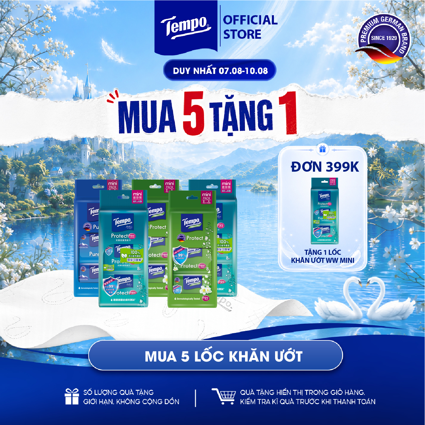 [COMBO 5 LỐC] Khăn Ướt Mini Tempo Protect Ngăn Ngừa Vi Khuẩn cao cấp - Diệt khuẩn 99% - Thương hiệu Đức