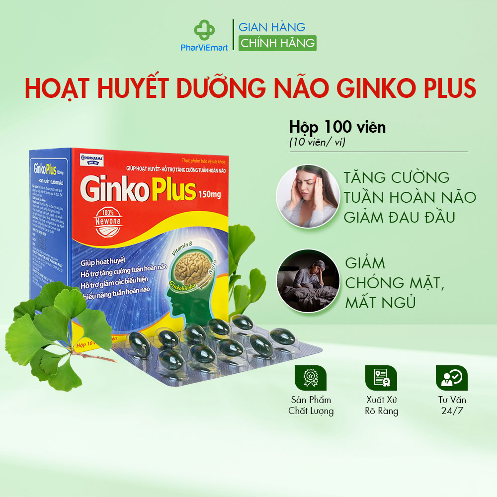 Viên Uống Ginko Plus 150mg Cải Thiện Mệt Mỏi Ù Tai Đau Đầu Hoa Mắt Chóng Mặt (Hộp/100viên)