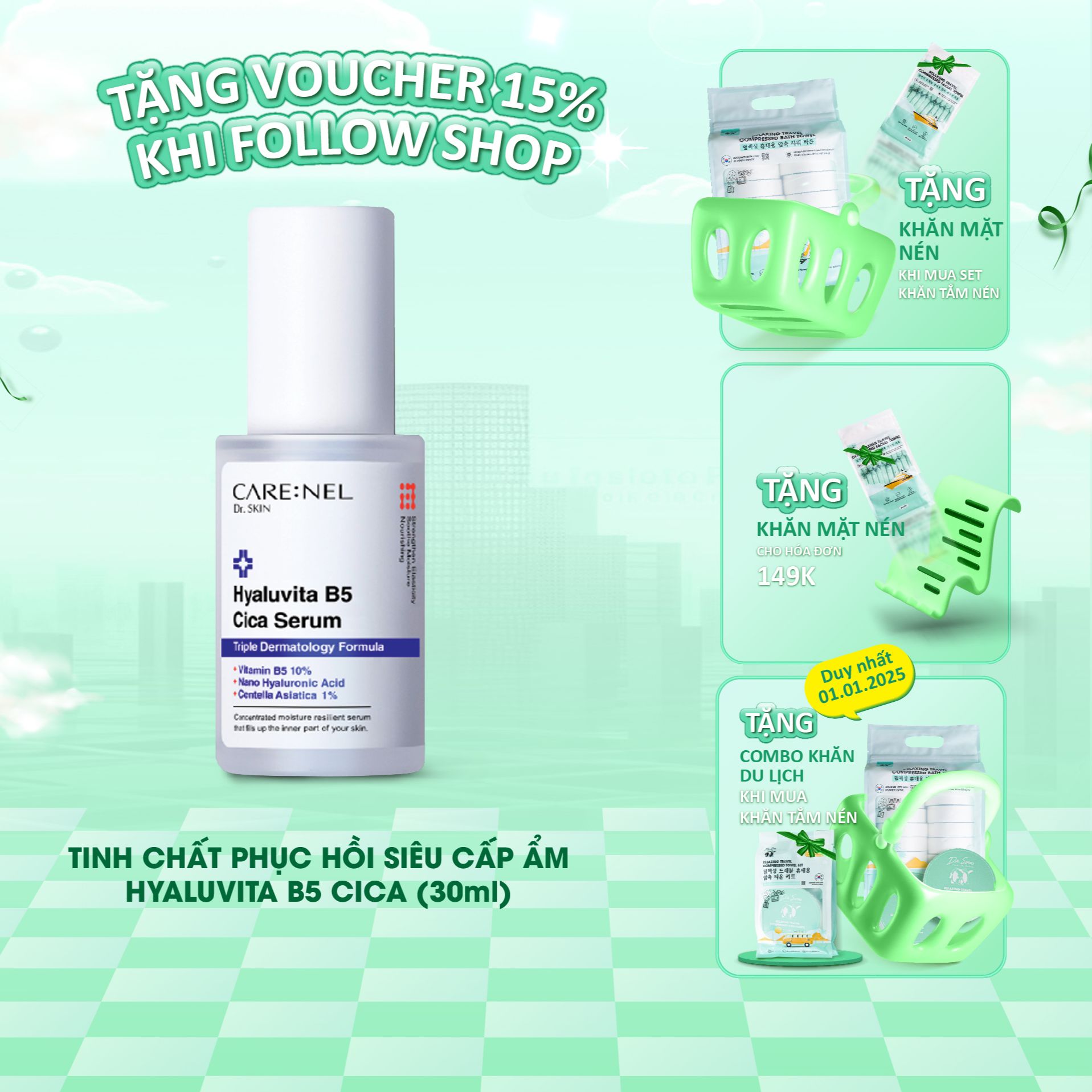 Minisize tinh chất dưỡng serum Carenel Hyaluvita B5 Cica Serum và kem dưỡng ngừa nám Anti-Melasma Ci