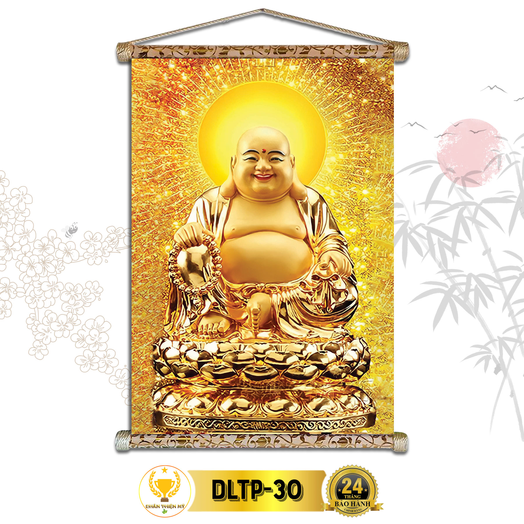 Tranh Phật Treo Tường Phật Di Lặc CHÂN THIỆN MỸ Chất Liệu Vải Lụa Kim Sa Khung Gỗ 40x60cm DLTP-30