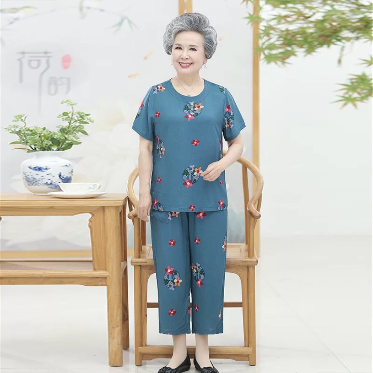 [HCM]Đồ bộ nữ trung niên tay ngắn quần dài bộ lanh mặc nhà cho tuổi trung niên đồ bộ đồ ngủ vải lanh bigsize chất vải mát