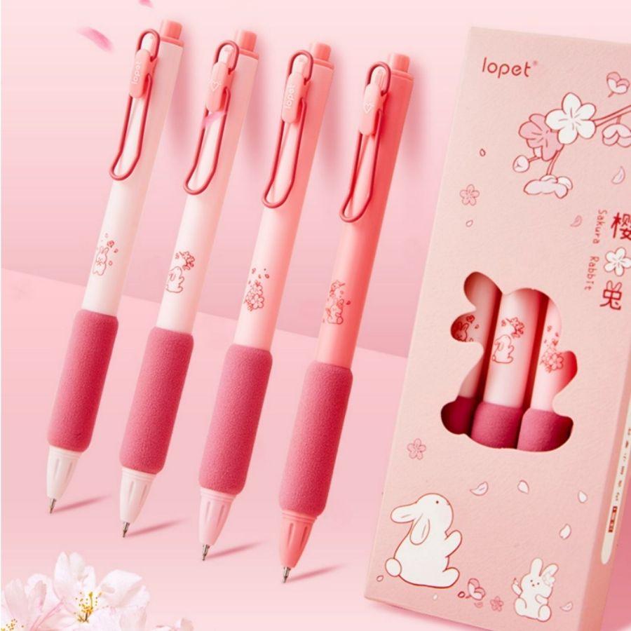 Bút gel Lopet chính hãng B84 viết ngòi 0.5mm hoạ tiết Sakura Rabbit cài kim loại hồng thỏ anh đào dễ