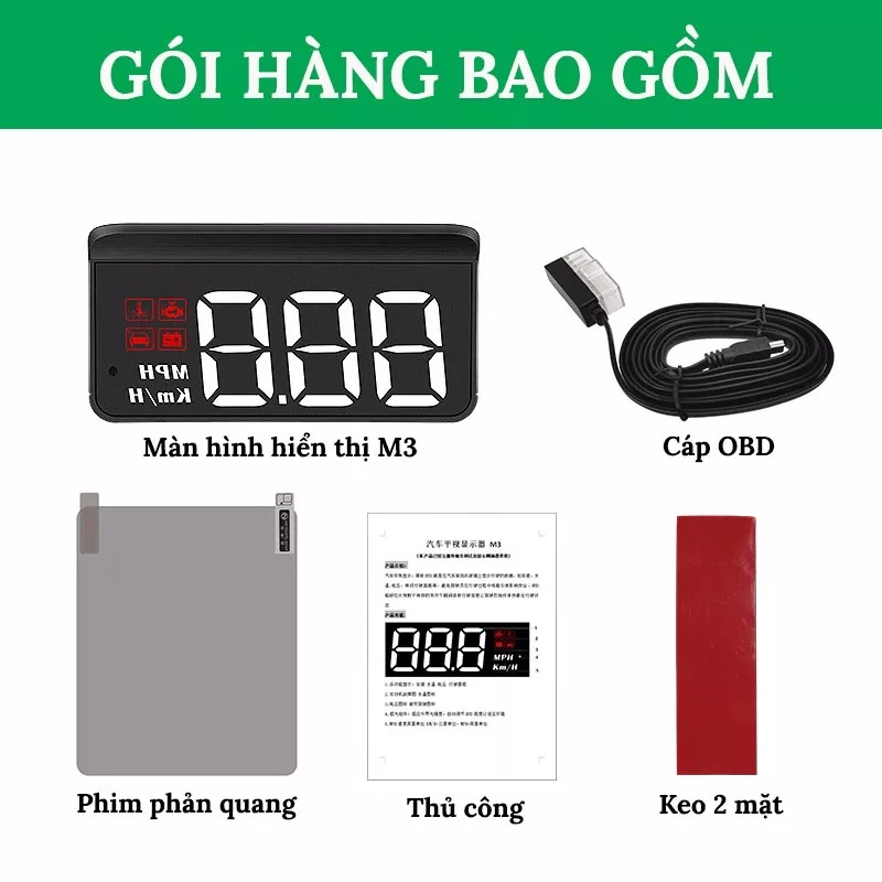 Bộ hiển thị tốc độ hắt kính lái HUD-M3 kết nối qua cổng OBD2