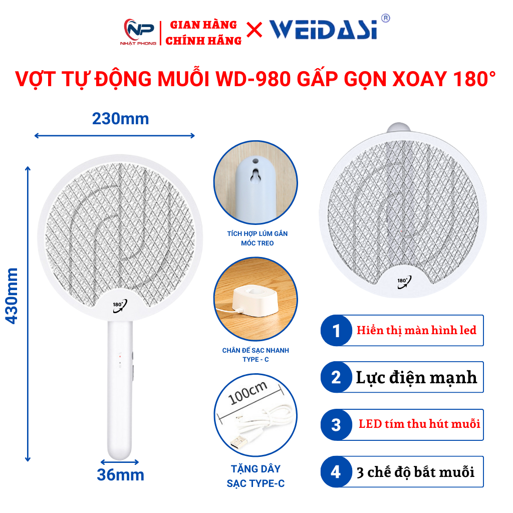 Vợt muỗi tự động kiêm đèn bắt muỗi WEIDASI WD-991947980 pin sạc tích điện 1200mah vợt bắt muỗi thông