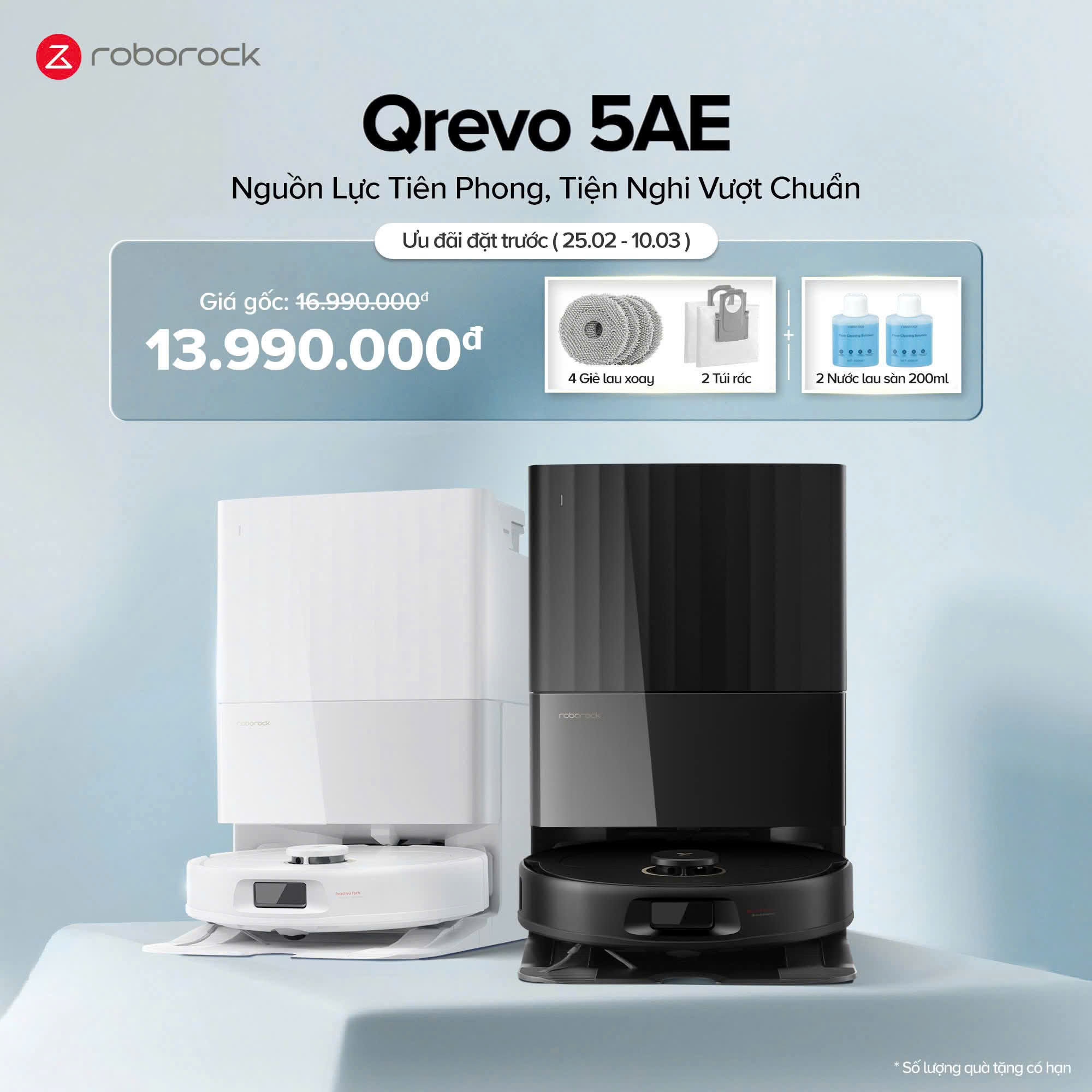 Robot hút bụi lau nhà Roborock Qrevo 5AE - Lực hút 12000Pa, Chống rối, Đen/Trắng
