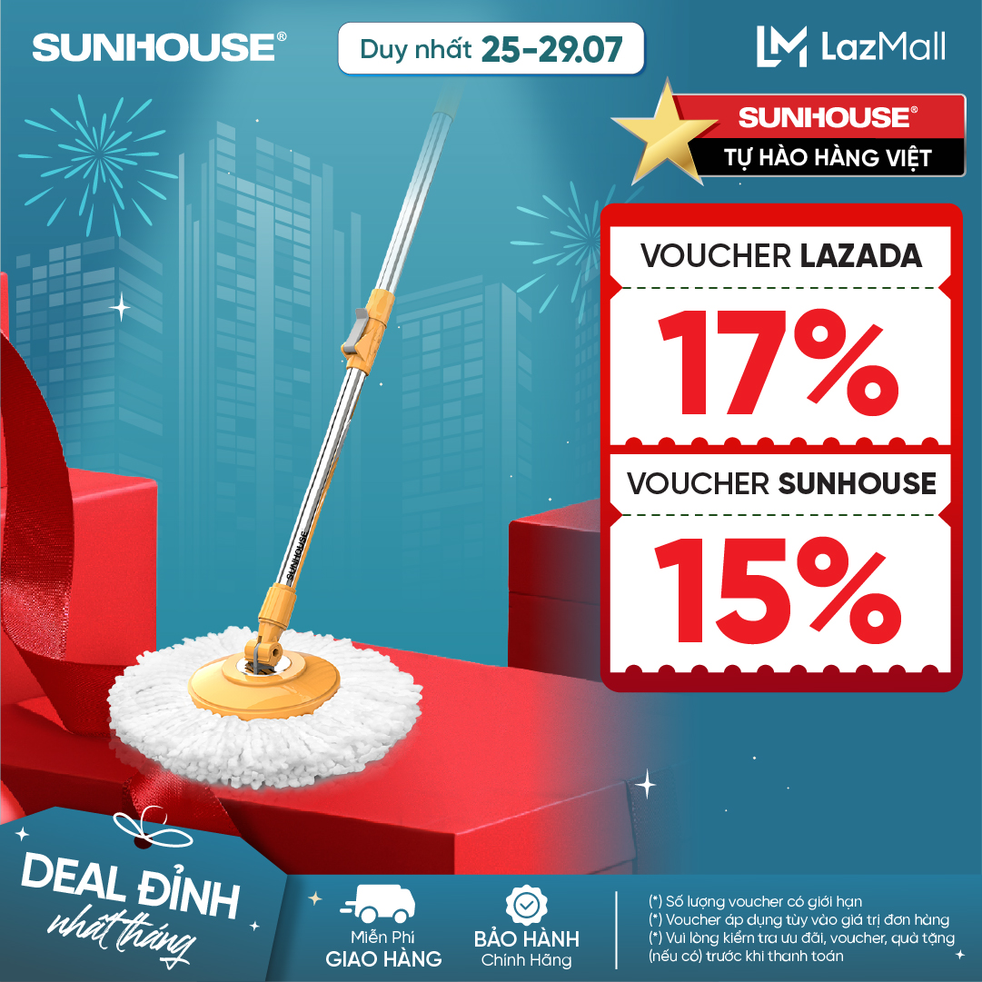 Cây lau nhà xoay 360 độ Sunhouse KS-MO350I - Bông lau bằng sợi Microfiber thấm hút nước tốt - Cán b