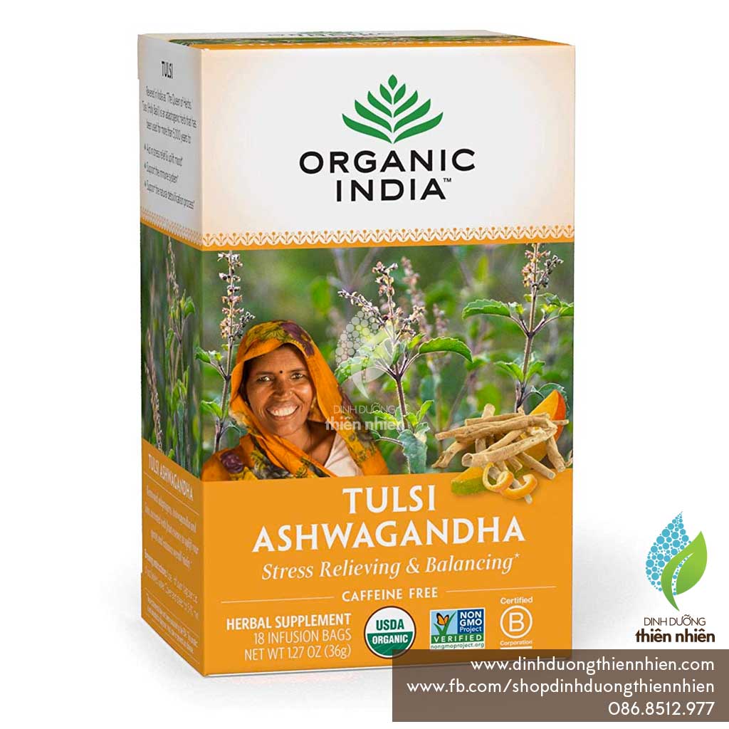 Trà Sâm Ấn Độ Hữu Cơ Tulsi Organic India Tulsi Ashwagandha Herbal Tea Hộp Nguyên 18 Gói