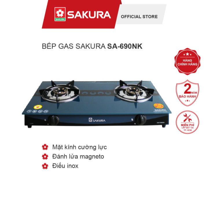 Bếp gas đôi Sakura SA-690G-Mặt bếp:Kính cường lựcKiềng bếp:Kim loại phủ chống dínhTiện ích:Dễ vệ sinhNấu nhanh không đen đáy nồi
