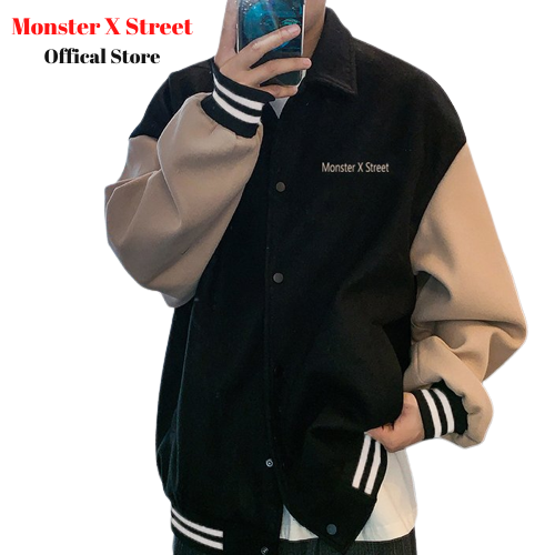 Áo Khoác Varsity Jacket đen đáp tay nâu Monster X Street bomber bóng chày basic nam nữ form rộng Local Brand