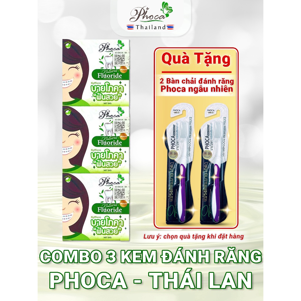 Combo 3 Kem đánh răng PHOCA thảo dược Thái Lan 25g Tặng 2 Bàn Chải Đánh Răng By Phoca