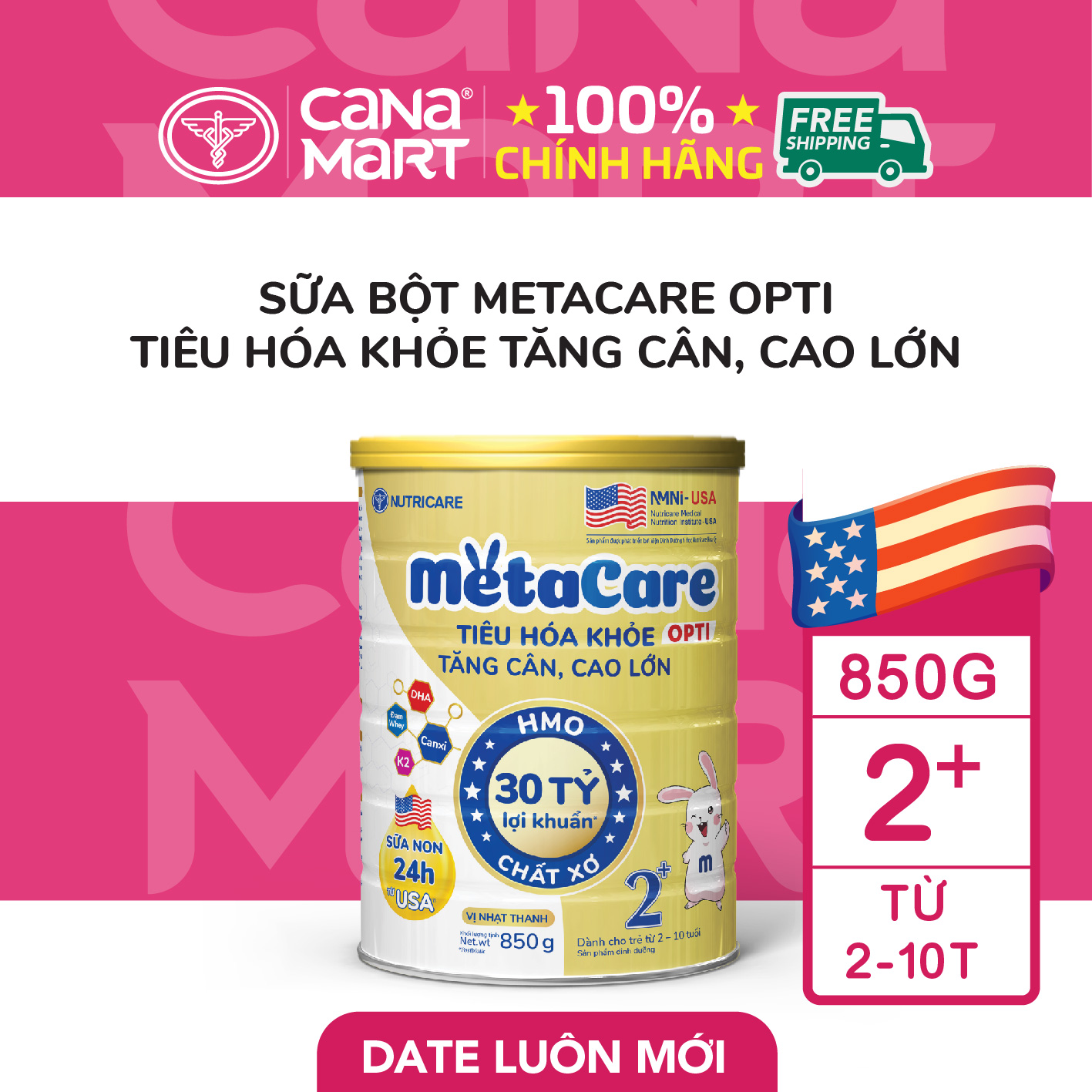 Sữa bột Nutricare MetaCare Opti 2+ tiêu hóa khỏe tăng cân cao lớn (850g)