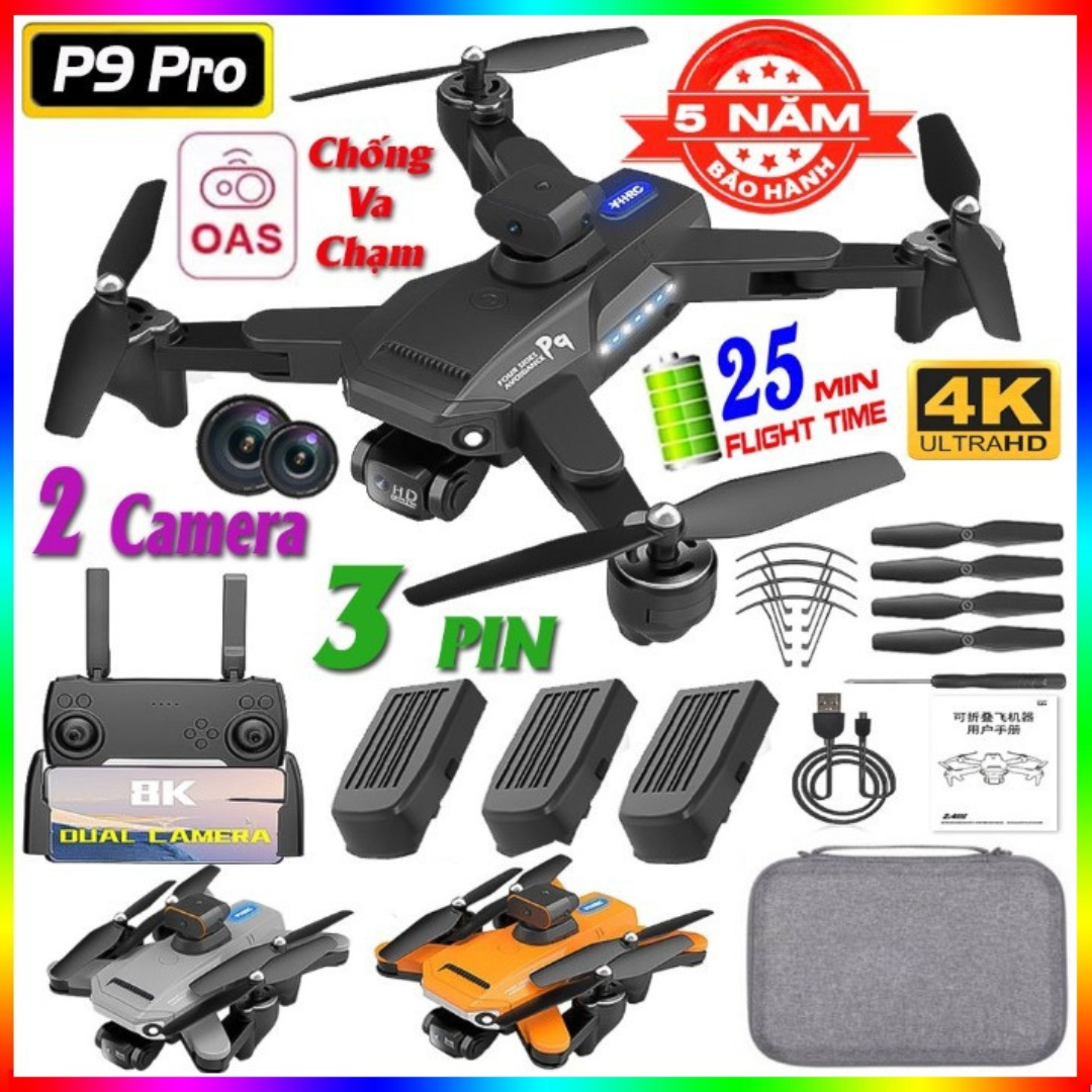 Máy Bay Flycam P9 Pro Max Drone Mini Cảm Biến Tránh Vật Cản - Lai Cam Điều Khiển Từ Xa - Playcam - Fly cam giá rẻ - Phờ lai cam - Fylicam - Flaycam - Play camera Chất hơn f11 pro 4k Mavic 2 Pro l900 pro s70w e58