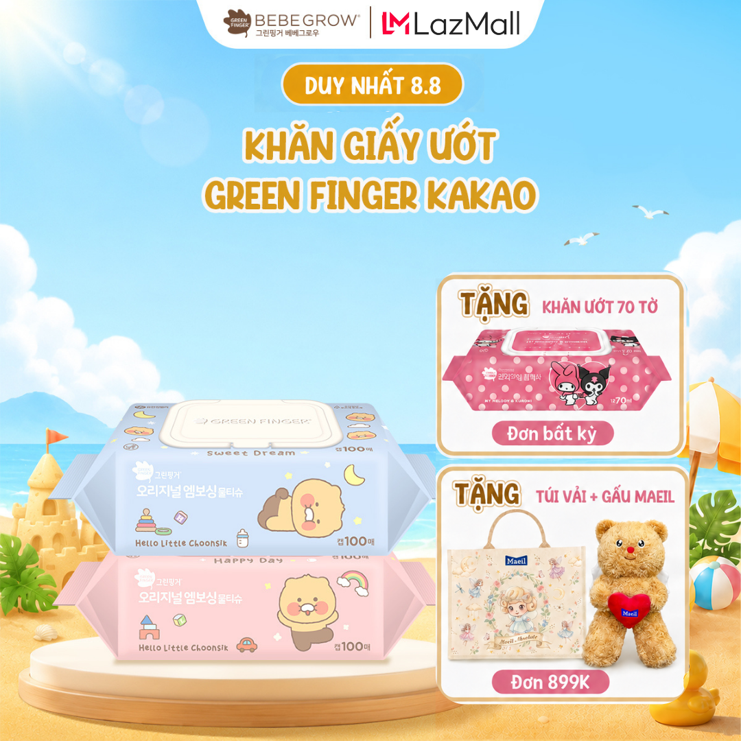 Khăn giấy ướt cho bé dập nổi Green Finger Kakao Original gói 100 tờ