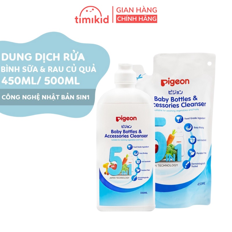 Nước Rửa Bình Sữa Và Rau Củ Quả Pigeon Eco 5 Trong 1 Chai 500Ml / Túi 450Ml