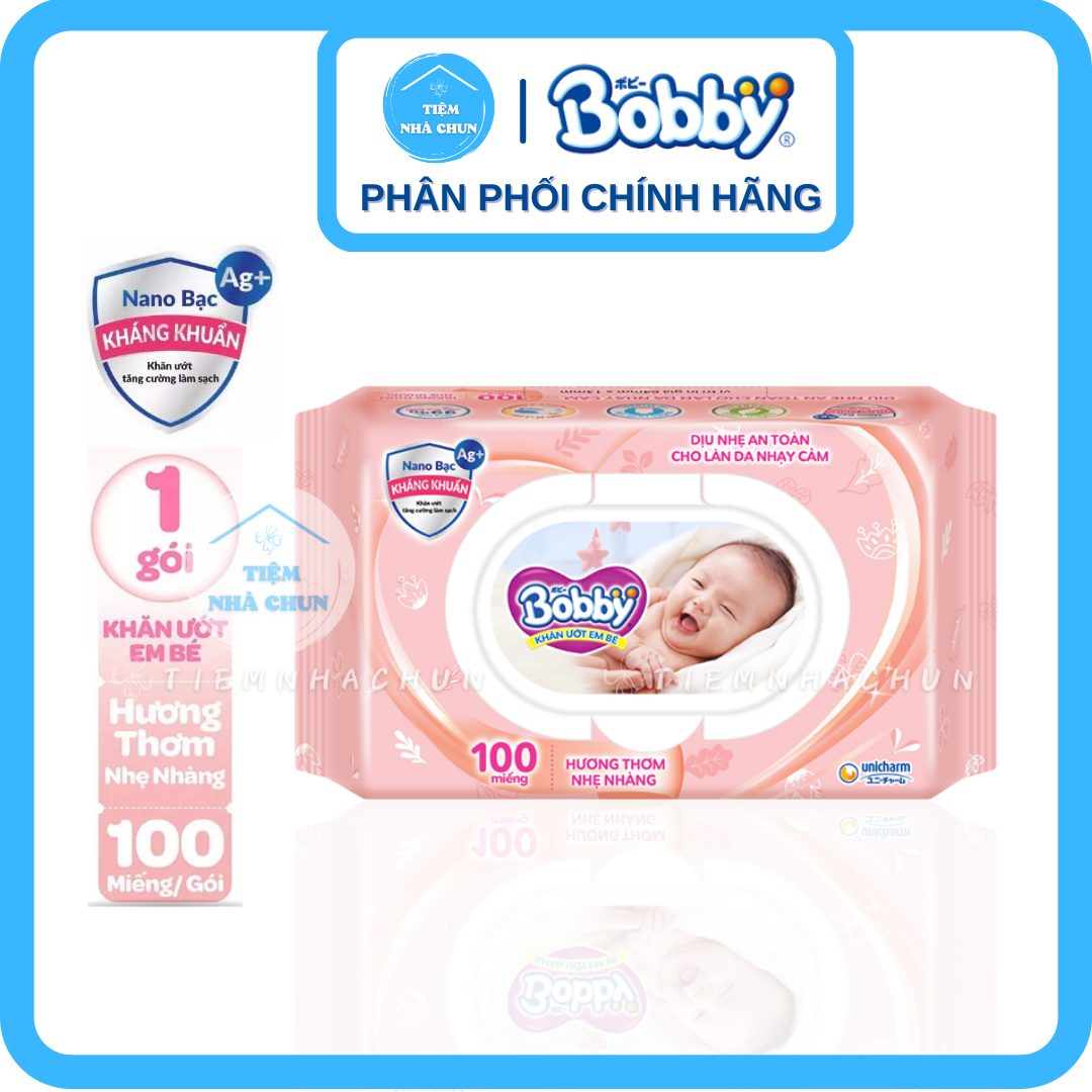 [KHĂN ƯỚT BOBBY] - Gói 100 Miếng - Khăn Giấy Ướt Em Bé BOBBY XANH (Không Mùi) / BOBBY HỒNG (Có Mùi T