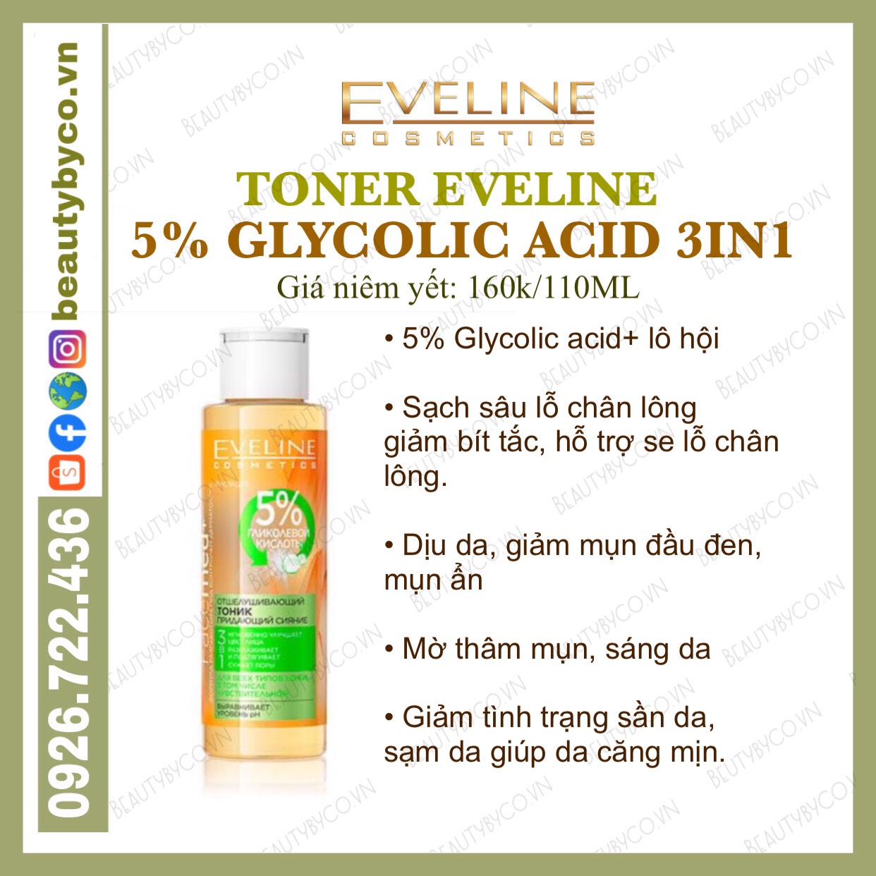 Toner Eveline 5% Glycolic Acid  cho da căng bóng láng mướt mờ thâm mụn