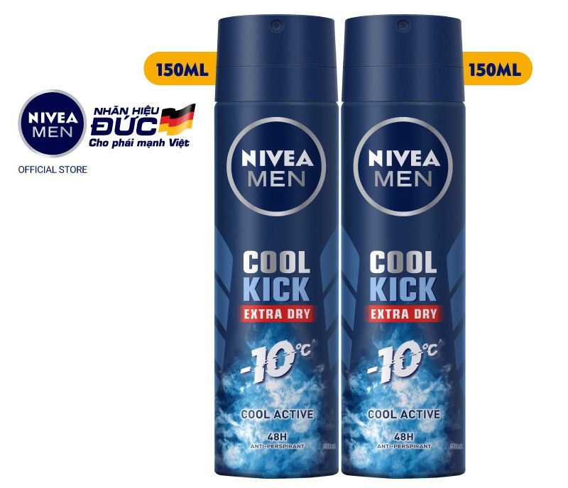 Combo 2 Xịt Ngăn Mùi Dành Cho Nam Mát Lạnh Nivea Men Cool Kick 150Ml X 2 Chai Ngăn Mồ Hôi