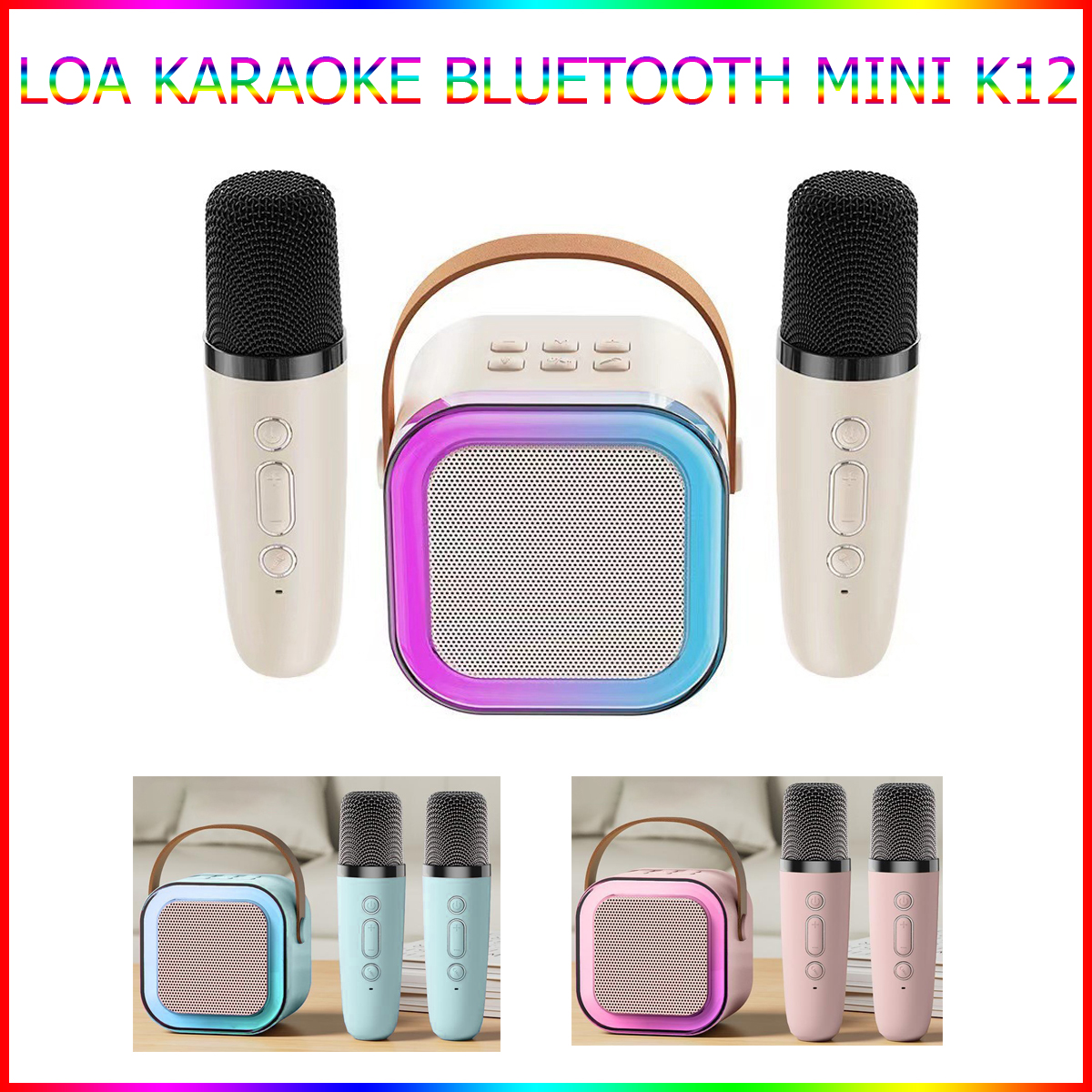 Loa Karaoke Bluetooth Mini K12 Có Đèn Led Kèm 2 Mic Không Dây Hát Hay