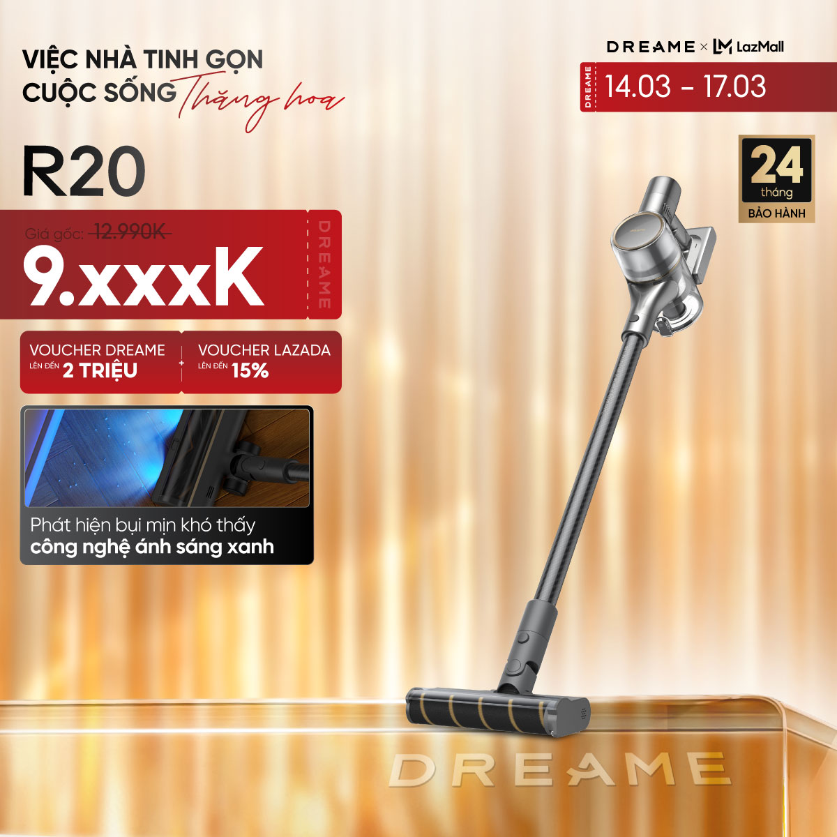 Máy hút bụi cầm tay không dây Dreame R20 - Trắng, 350x350x90mm, Dung lượng 0.6L