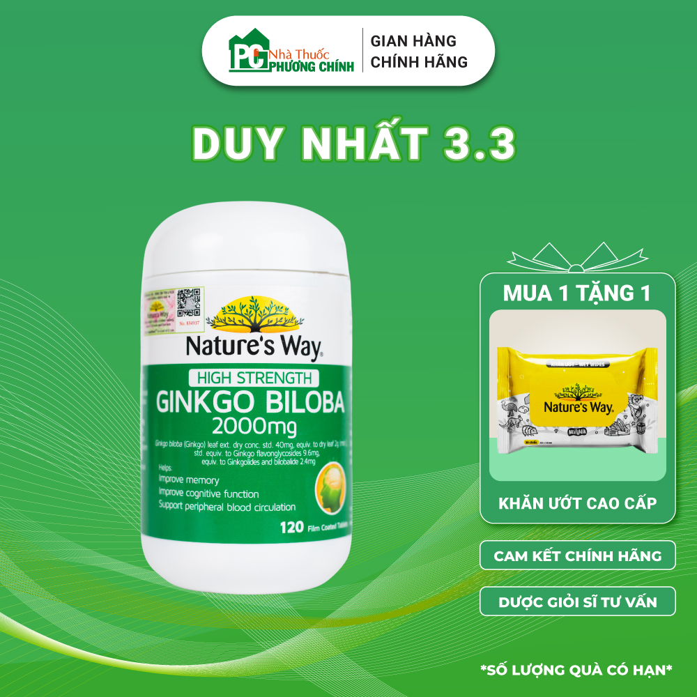 Viên Uống Bổ Não Natures Way Ginkgo Biloba 2000 Brain & Memory Giúp Tăng Cường Trí Nhớ (120 Viên)