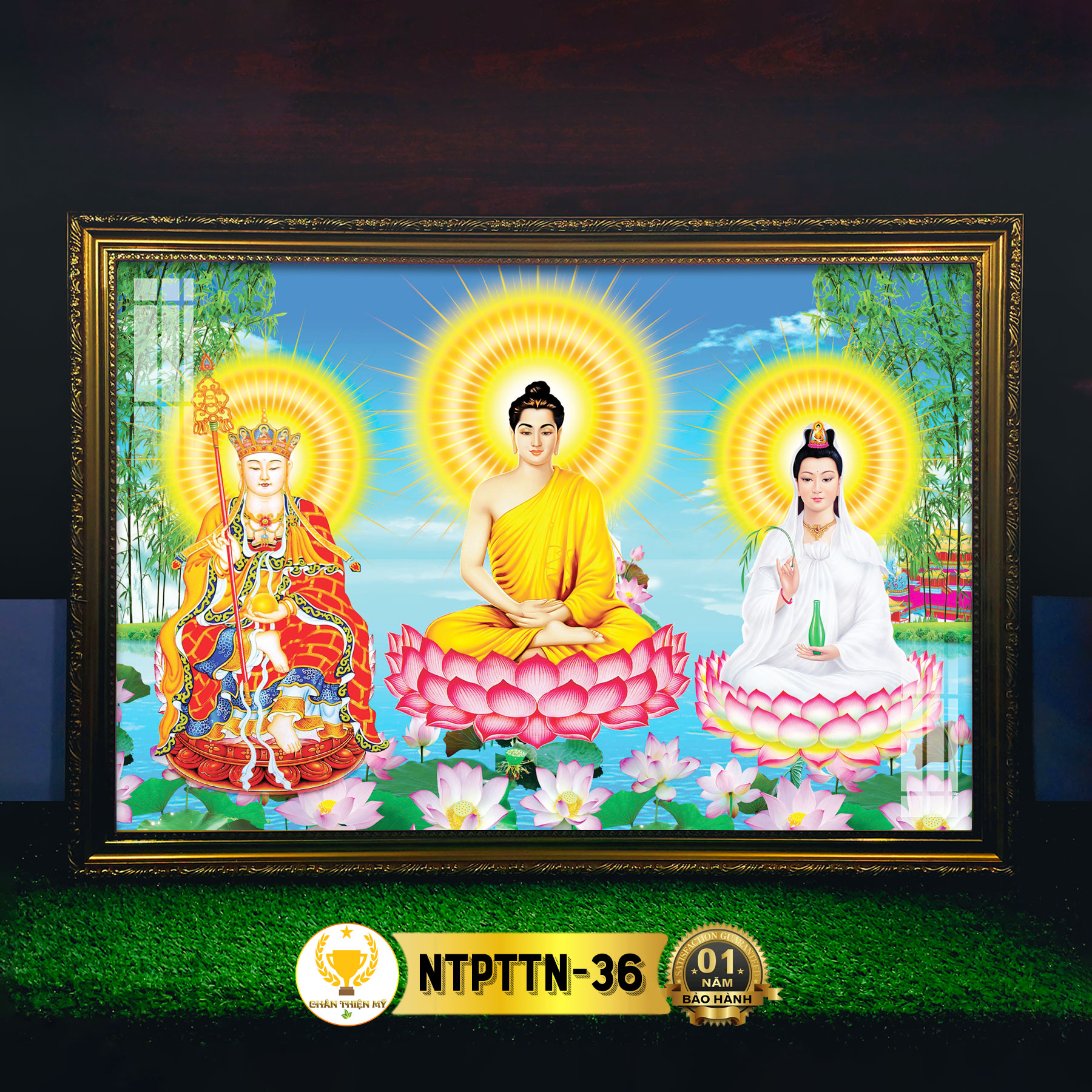 Tranh Treo Phòng Thờ Ta Bà Tam Thánh Ngồi Có Đèn CHÂN THIỆN MỸ Treo Tường Trang Trí Bàn Thờ Phật NTP