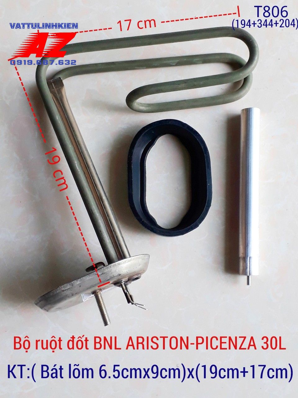 Bộ iinh kiện ruột đốt Bình nóng lạnh ARISTON 30L đời mới bát lõm 65cm x 19cm+17cm + Zoăng + Thanh ma