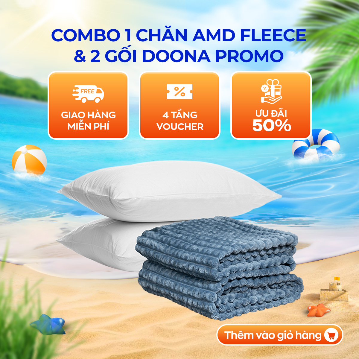 Combo chăn lông tuyết Amando Fleece & 2 gối Doona Promo mềm mịn êm ái phân phối bởi Vua Nệm